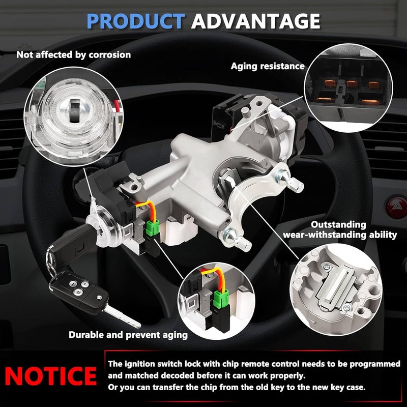 RAMATA 72185-TR0-A01 Ignition Switch Lock Cylinder with Key (with Blank Chip) Compatible with 2012 2013 2014 Honda Civic,(Ignition Chip: 46,Frequency: 433Hz) - Image 4